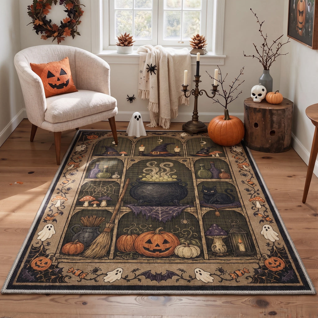 GENIMO 5'x7' Halloween Area Rug for Living Room, Washable Non Slip Soft Vintage Pumpkin Indoor Rug for Bedroom Dining Room Home Office, Antique Moss