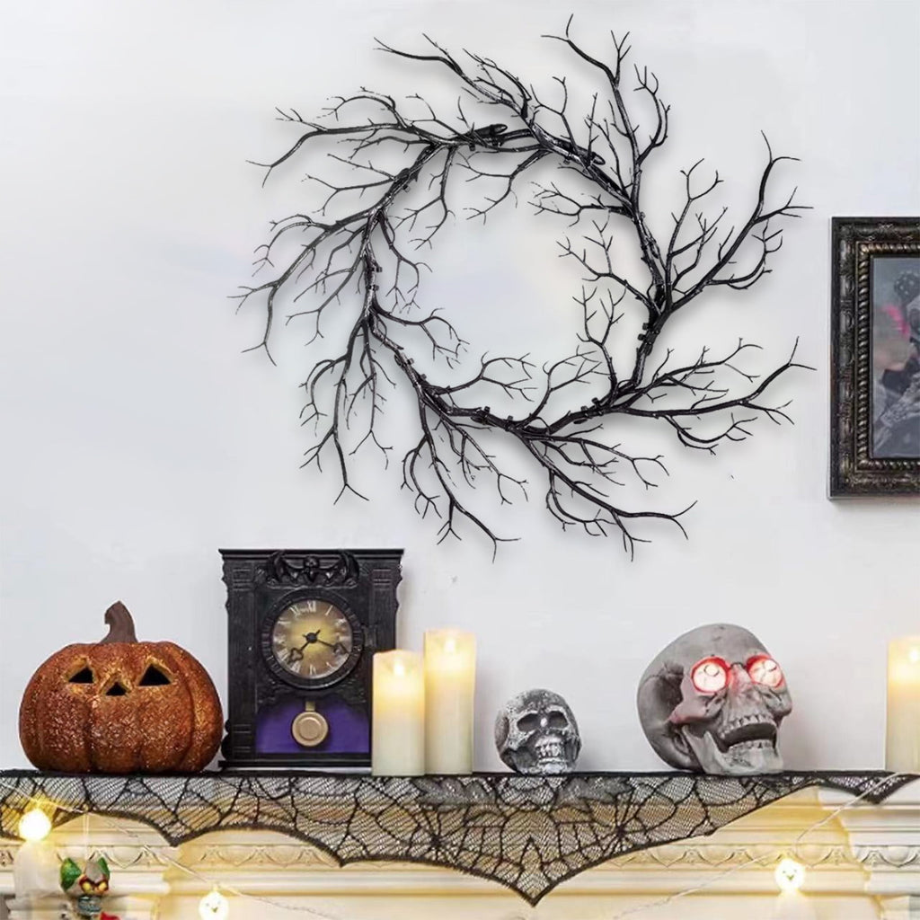 Plastic Twig Wreath for Front Door Halloween Decor, Indoor Outdoor Hanging Ornament with Spooky Vibe