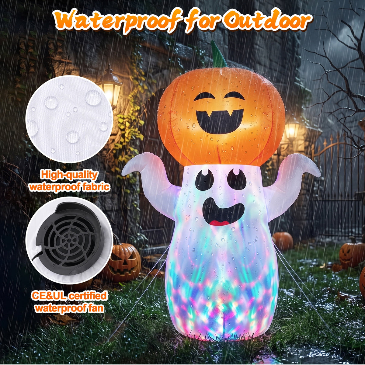 GVDV 5Ft Halloween Inflatables Pumpkin Ghost Decorations with 360° Rotating Colorful LED Lights, Halloween Blow Ups Indoor/Outdoor Decor for Party, Yard, Lawn