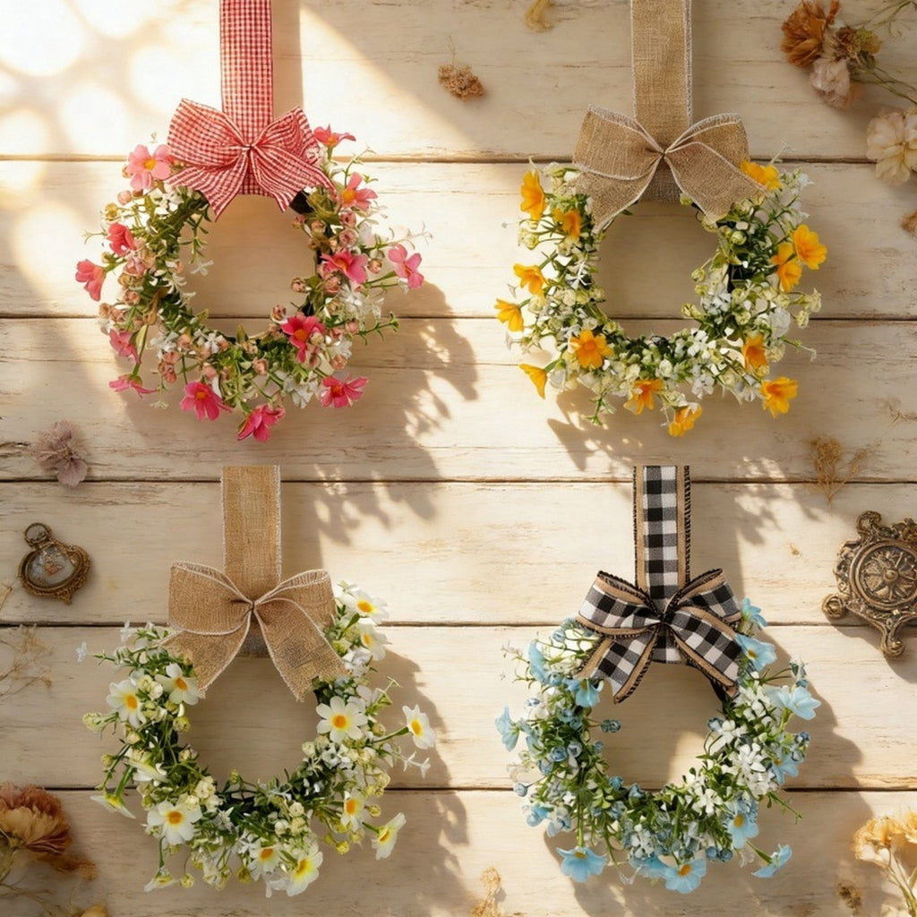 Mini Spring Wreaths, Artificial Daisy Flowers Small Pillar Holder Wreath, Spring Summer Floral Wreath for Candle, Farmhouse, Porch, Front Door, Cabinets, Table Decoration, White
