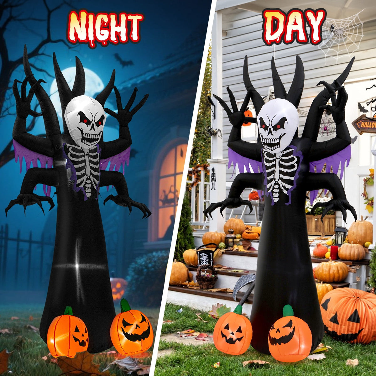 Toiyjofe 8ft Halloween Inflatable Skeleton Tree with LED Lights, Spooky Lighted Outdoor Yard Decoration with Grim Reaper & Pumpkins