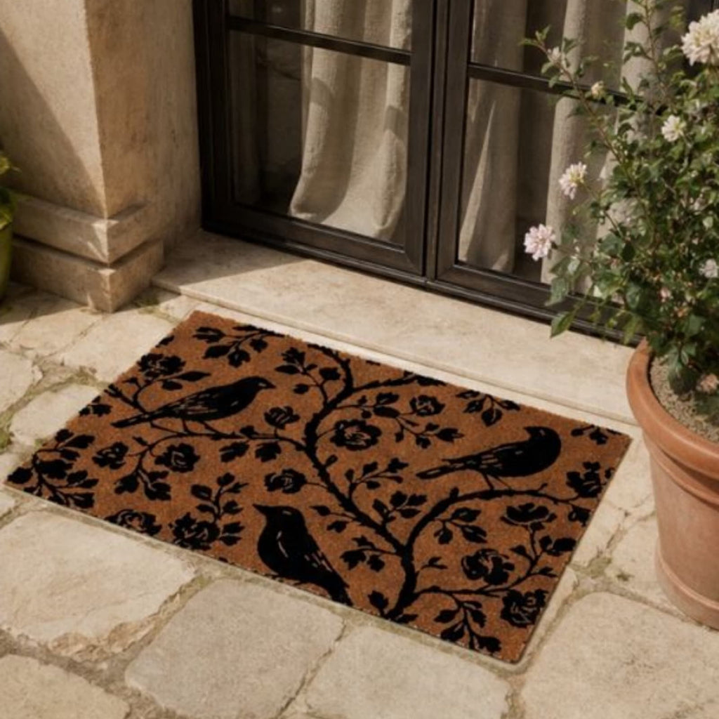 Clearance Natural/Black Floral Bird Outdoor Coir Doormat, 30" x 18"