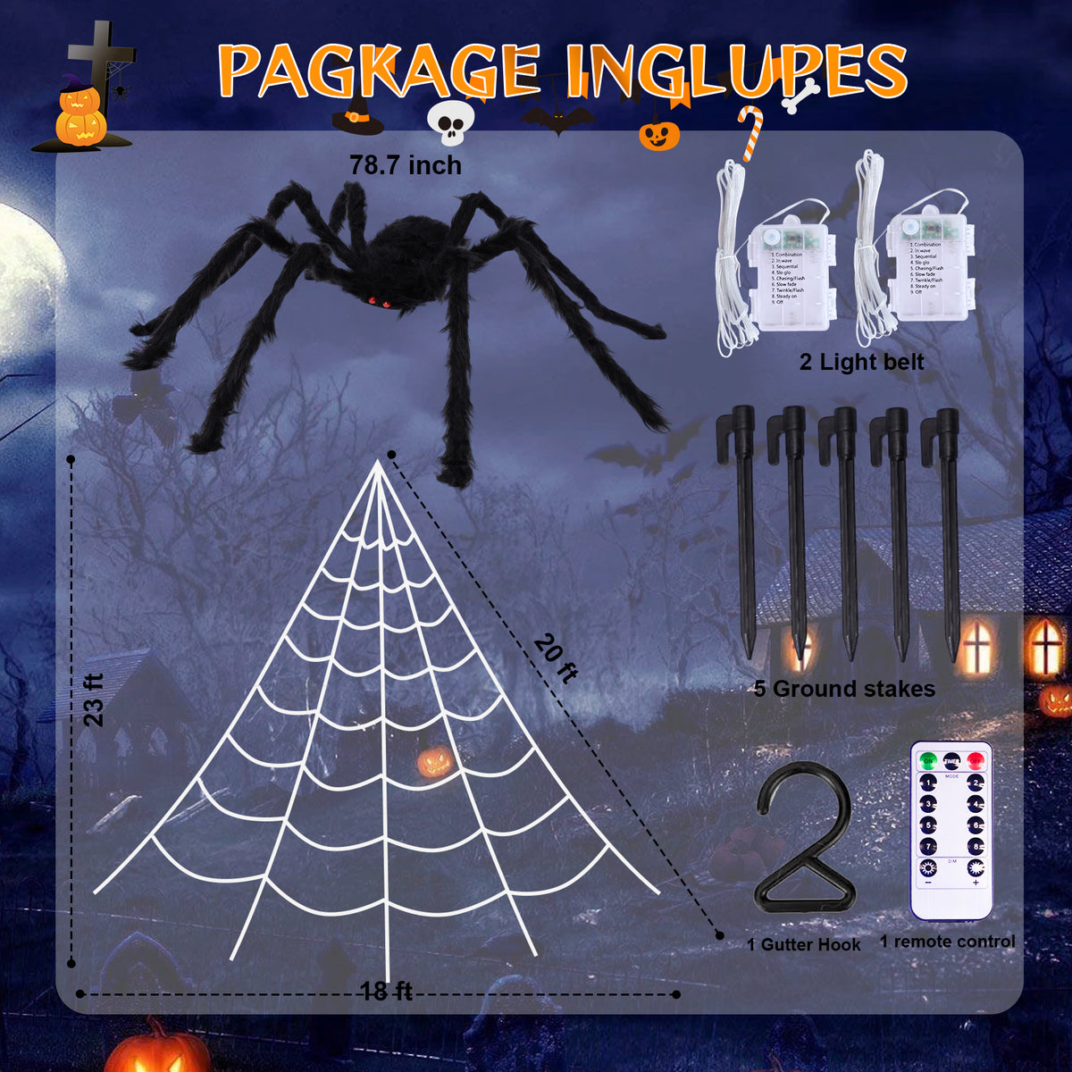 Halloween Outdoor Decoration, 250 LED Halloween Spider Light with 197'' Giant Spiderweb Artificial Spider Halloween Outdoor Decorations with Remote Control for Halloween Party Decor Yard, Garden, Hau