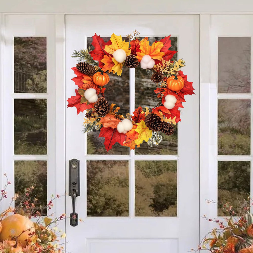 Halloween Wreath Pumpkin Ring with Berries, Maple Leaves & Pine Cones - Thanksgiving Indoor/Outdoor Wall & Door Hanging Decoration, 28cm