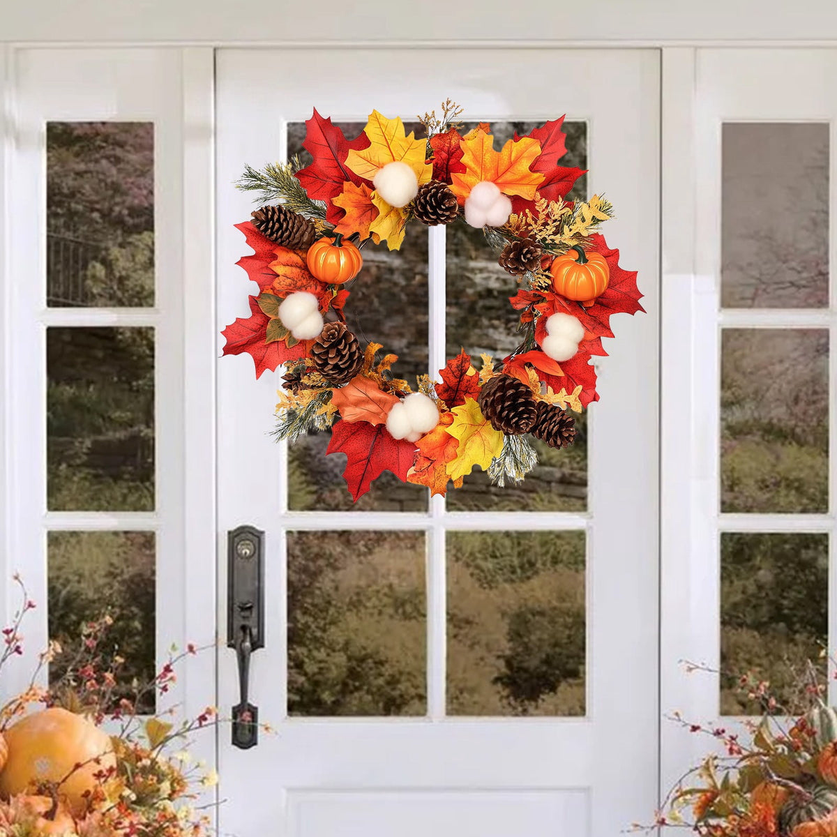 Halloween Wreath Pumpkin Ring with Berries, Maple Leaves & Pine Cones - Thanksgiving Indoor/Outdoor Wall & Door Hanging Decoration, 28cm