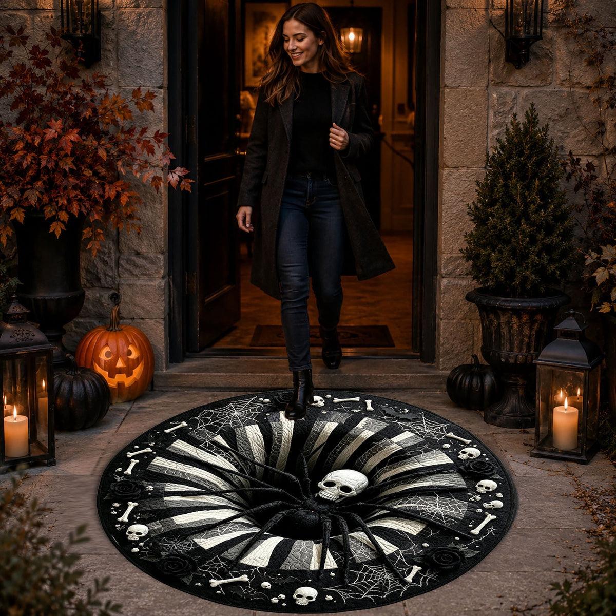Win s Way 3D Illusion Round Halloween Rug Optical Illusion Doormat Non- Washable Entryway Decor Spooky Fall Front Door Mat for Party Decoration Available in 15.8/23.6/31.5 Inch