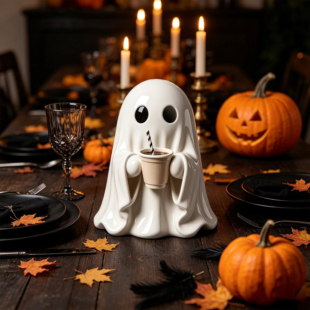 Halloween Ghost Figurine, Ghost Girl with Pink Bow & Hot Drink, Funny Ghost Statue Halloween Decor for Gift, Cute Spooky Tabletop Ornament for Home, Mantle, Desk & Party Decoration