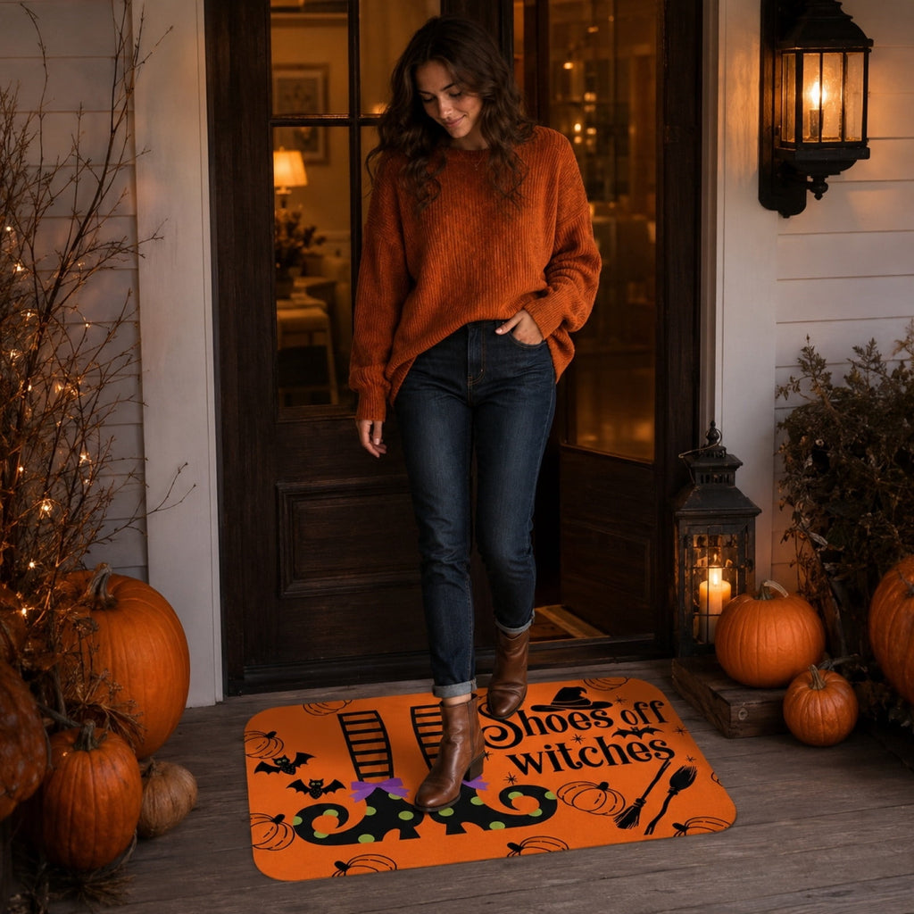 Halloween Heart Print Doormat 60x40cm, Black Orange Spooky Entry Mat for Front Door, Non-Slip Indoor Outdoor Rug