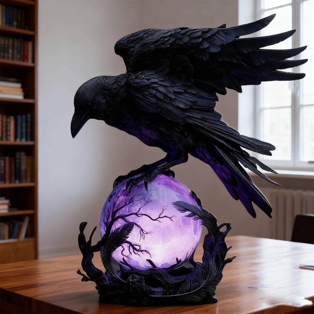 Gothic Mysterious Raven Lamp Light Sculpture, Resin Halloween Moonlight Luminous Crow Bird Led for Home Decor Gift, Bedroom Bedside, Living Room