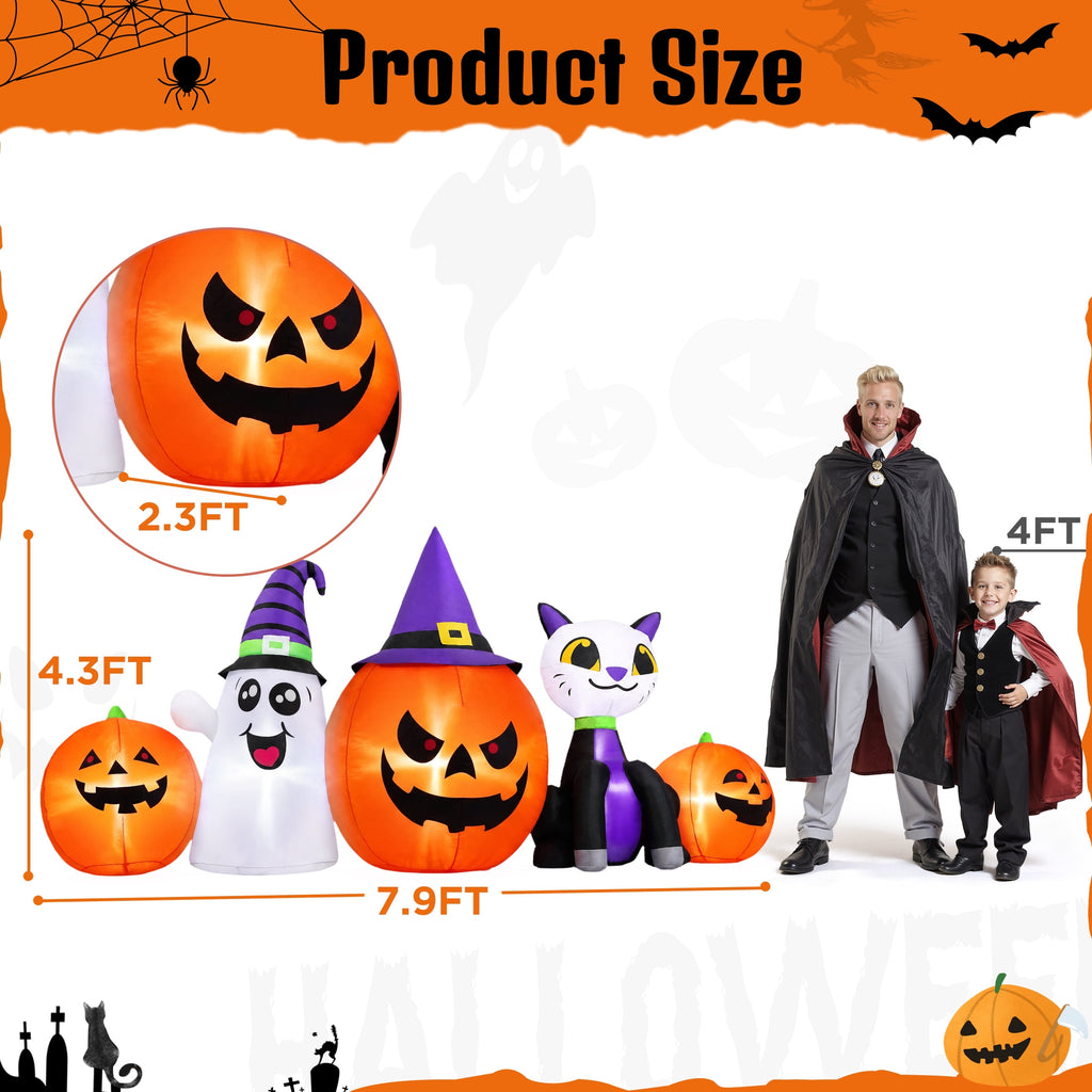 Firstness 8FT Halloween Inflatable Pumpkins Ghost Cat with Lights,Blow ups Outdoor Decorations for Yard