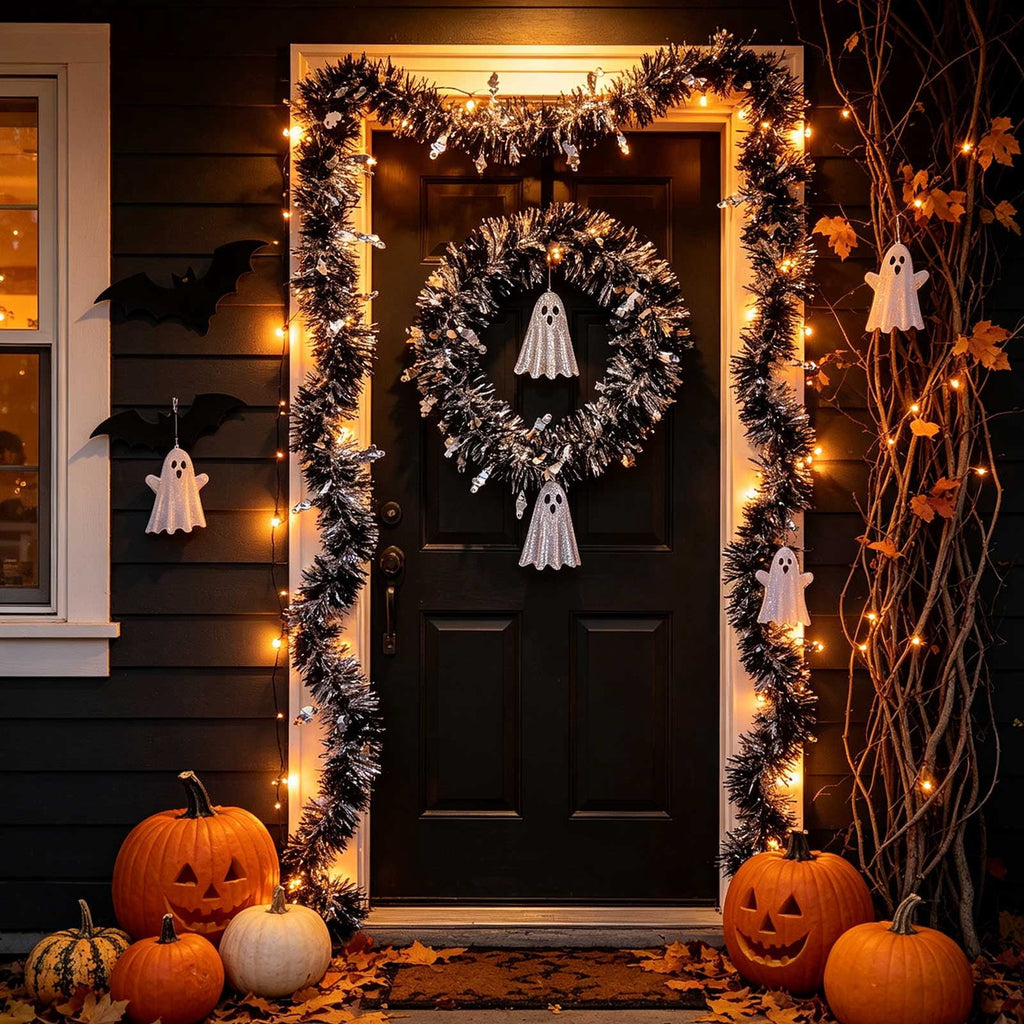 CuiLiyq Halloween Tinsel Garland, 78.7 Inch Black Purple Silver Foil with Bats and Ghosts, Party Decor for Mantel, Staircase, Doorway