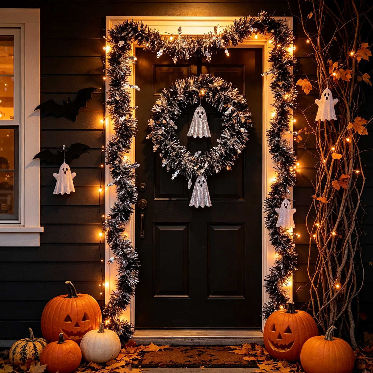 CuiLiyq Halloween Tinsel Garland, 78.7 Inch Black Purple Silver Foil with Bats and Ghosts, Party Decor for Mantel, Staircase, Doorway