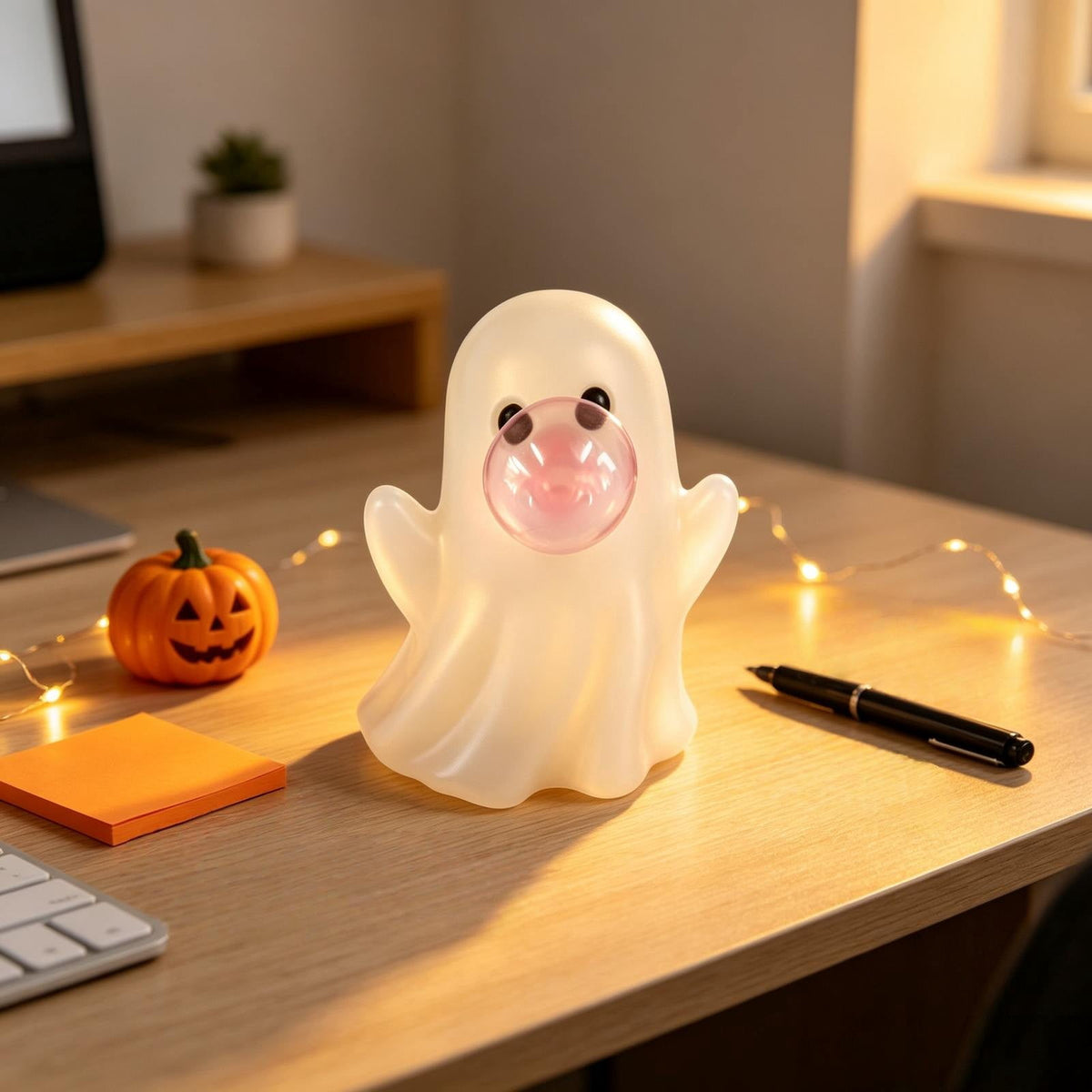 Halloween Ghost Figurine, Ghost Girl with Pink Bow & Hot Drink, Funny Ghost Statue Halloween Decor for Gift, Cute Spooky Tabletop Ornament for Home, Mantle, Desk & Party Decoration