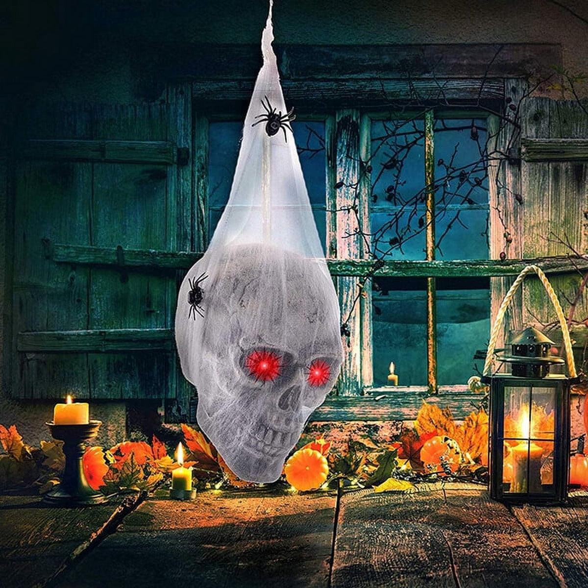 Cuteam Halloween Skull Decor Spooky Voice Activated Skeleton Skull Ornament with LED Red Eyes & Spider Haunted House Decorative Props Halloween Party Decoration for Indoor Outdoor