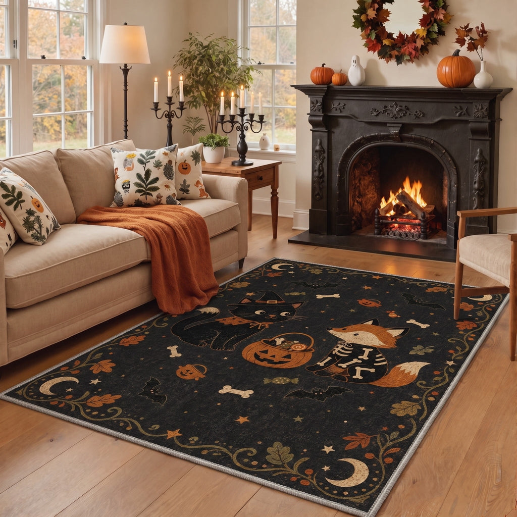 GENIMO 5'x7' Halloween Area Rug for Living Room, Washable Non Slip Soft Vintage Pumpkin Indoor Rug for Bedroom Dining Room Home Office, Antique Moss
