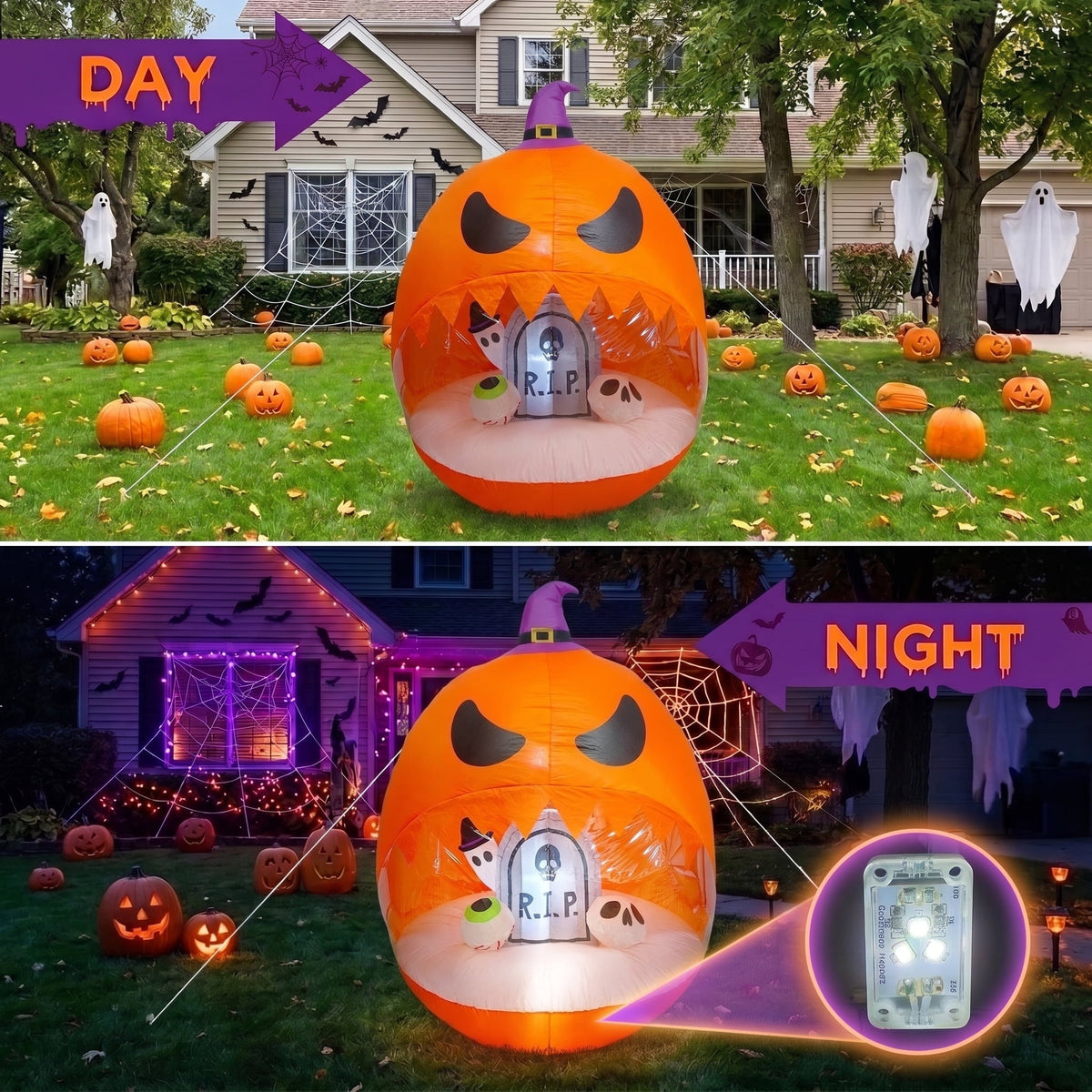 Glazina 6 FT Halloween Inflatable Pumpkin Clear Window with Ghost Tombstone, Built-In LED Lights, Outdoor Halloween Blow Up Yard Decoration