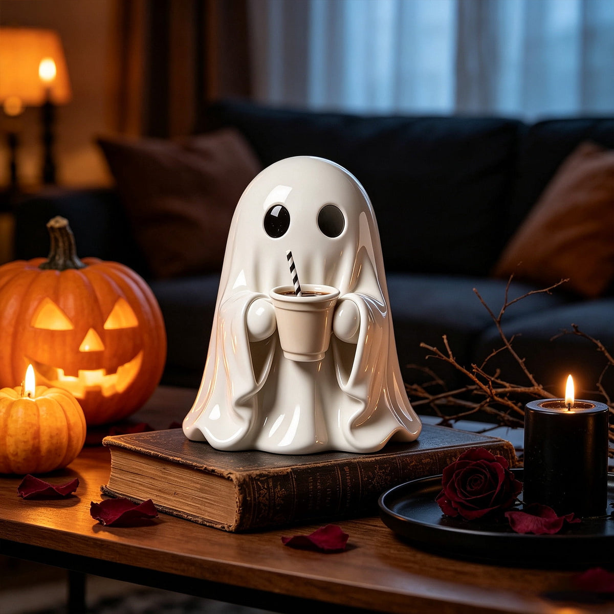 Halloween Ghost Figurine, Ghost Girl with Pink Bow & Hot Drink, Funny Ghost Statue Halloween Decor for Gift, Cute Spooky Tabletop Ornament for Home, Mantle, Desk & Party Decoration