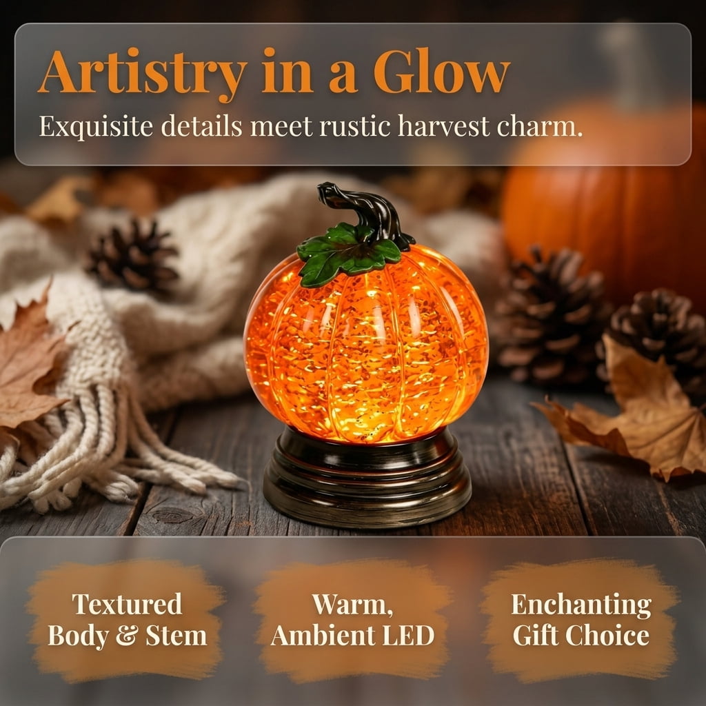 Halloween Pumpkin Snow Glitter Globe, Lighted Orange LED Fall Decor, Thanksgiving Centerpiece Seasonal Gift