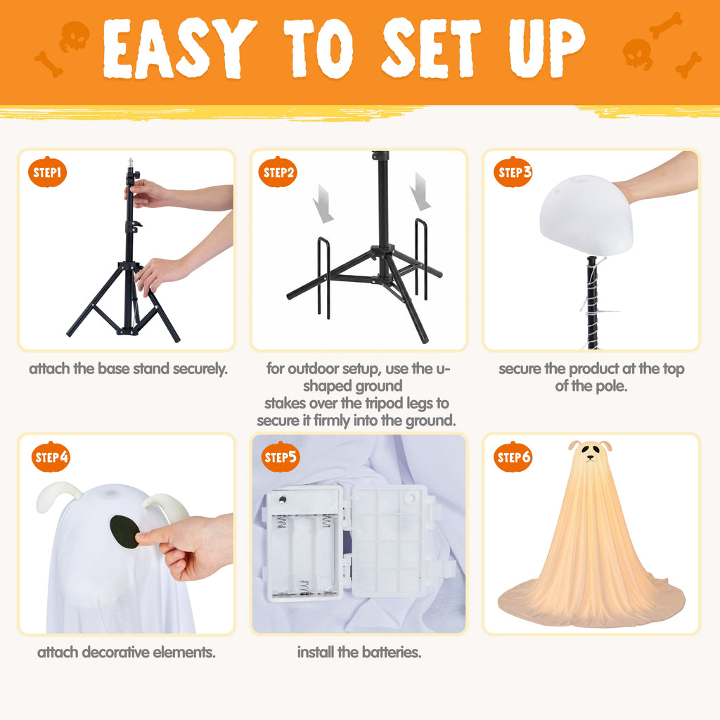 Joyfy 47"Cute Ghost Dog Halloween Decoration Outdoor, Reusable Spooky Standing Dog with Stakes, Soft White Light LED & 6 Hours ON + 18 Hours OFF Timer, Adorable Halloween Decor for Front Porch Yard
