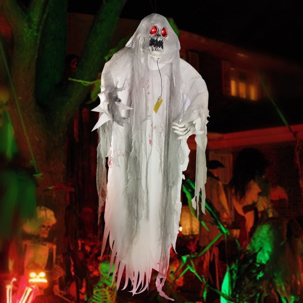 Gamexcel 5.7 ft Halloween Hanging Grim Reaper, Black Skeleton Ghost with Sensor-Activated LED Eyes and Sound, Indoor and Covered Outdoor Decor