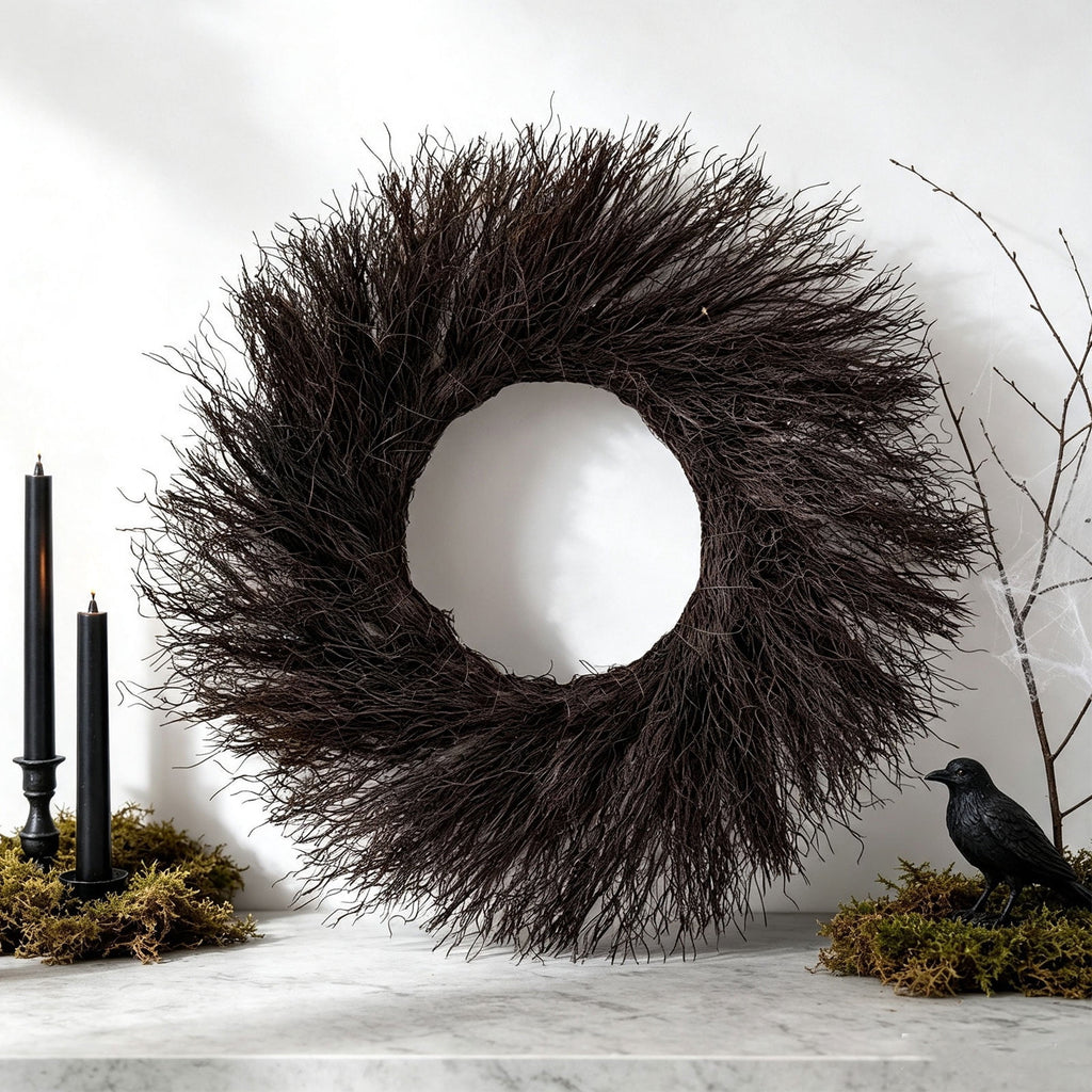 Black Twig Halloween Wreath, Artificial Black Branch Wreath for Front Door, Handcrafted Spooky Halloween Door Decor, Indoor Outdoor Halloween Wreath for Wall Mantel Porch Party Display