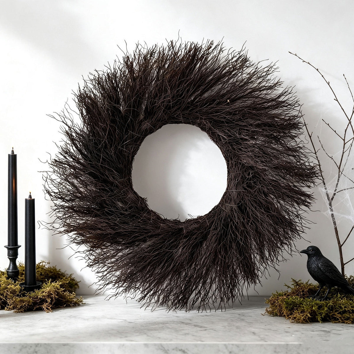 Black Twig Halloween Wreath, Artificial Black Branch Wreath for Front Door, Handcrafted Spooky Halloween Door Decor, Indoor Outdoor Halloween Wreath for Wall Mantel Porch Party Display