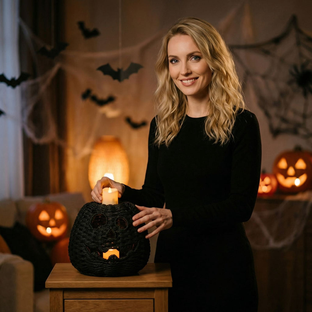 THOPBPRK 2026 Black Halloween Woven Pumpkin Jack-O'-Lantern, Halloween Decorations Pumpkin, USE LED Candle, Rattan Fall Halloween Decor for Home, 1Pack 11.8 Inch A