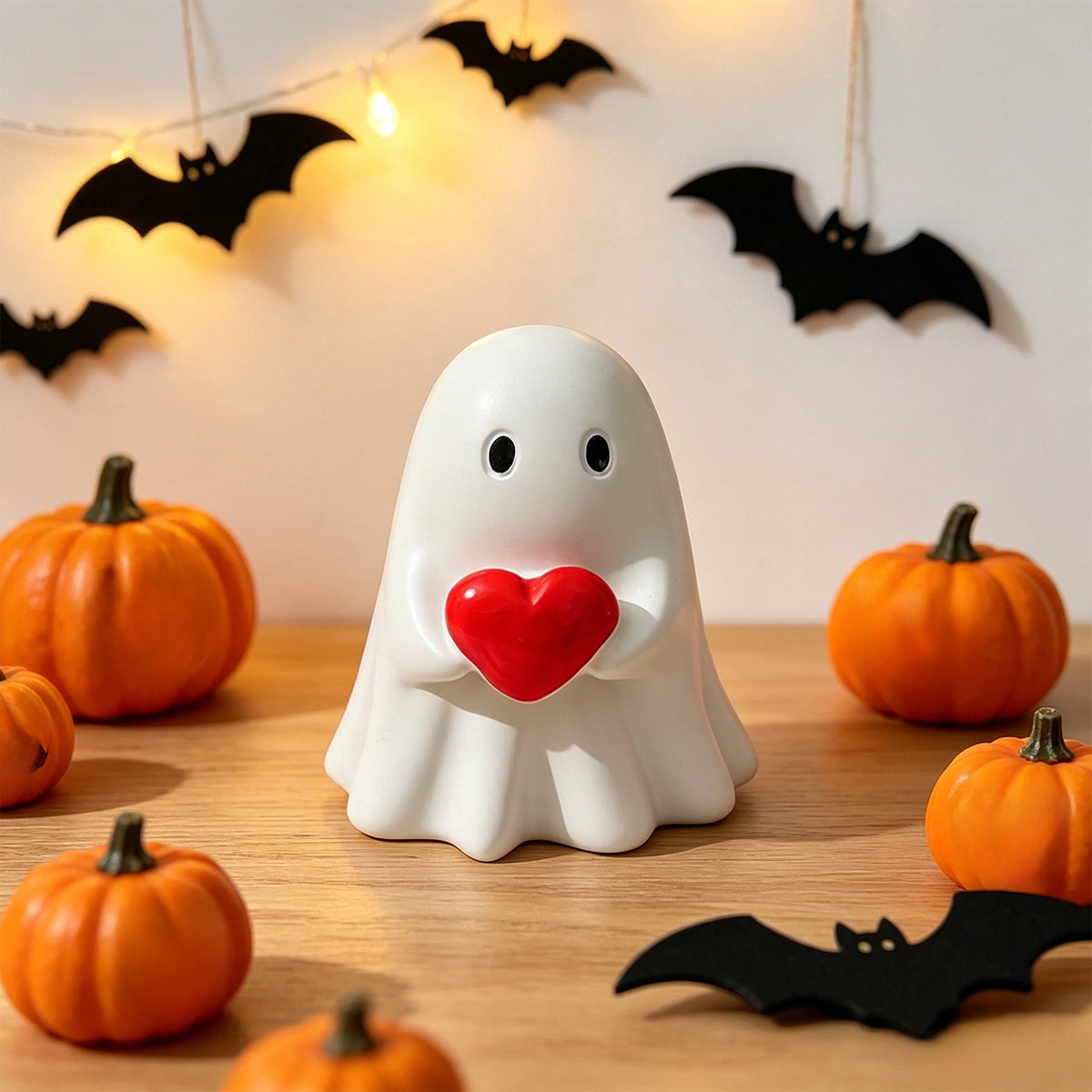 Halloween Ghost Figurine, Ghost Girl with Pink Bow & Hot Drink, Funny Ghost Statue Halloween Decor for Gift, Cute Spooky Tabletop Ornament for Home, Mantle, Desk & Party Decoration