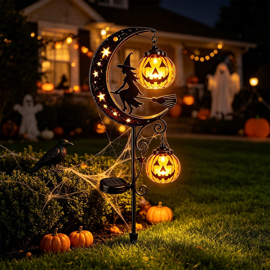 Solar Halloween Garden Stake Light, Bats & Spooky Ghosts Waterproof Solar Lantern Stake with Hanging Pumpkin, Outdoor Halloween Yard Decor for Garden Patio Lawn Pathway