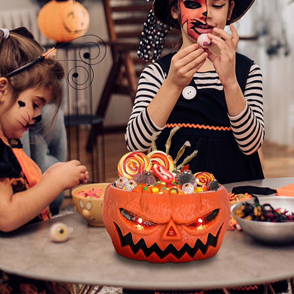 XIA0LE Halloween Candy Bowl Animated Pumpkin Candy Bowl With Moving Skeleton Hand Creepy Sound And Red Eyes For Halloween Decorations Indoors And Trick Or Treats (B)