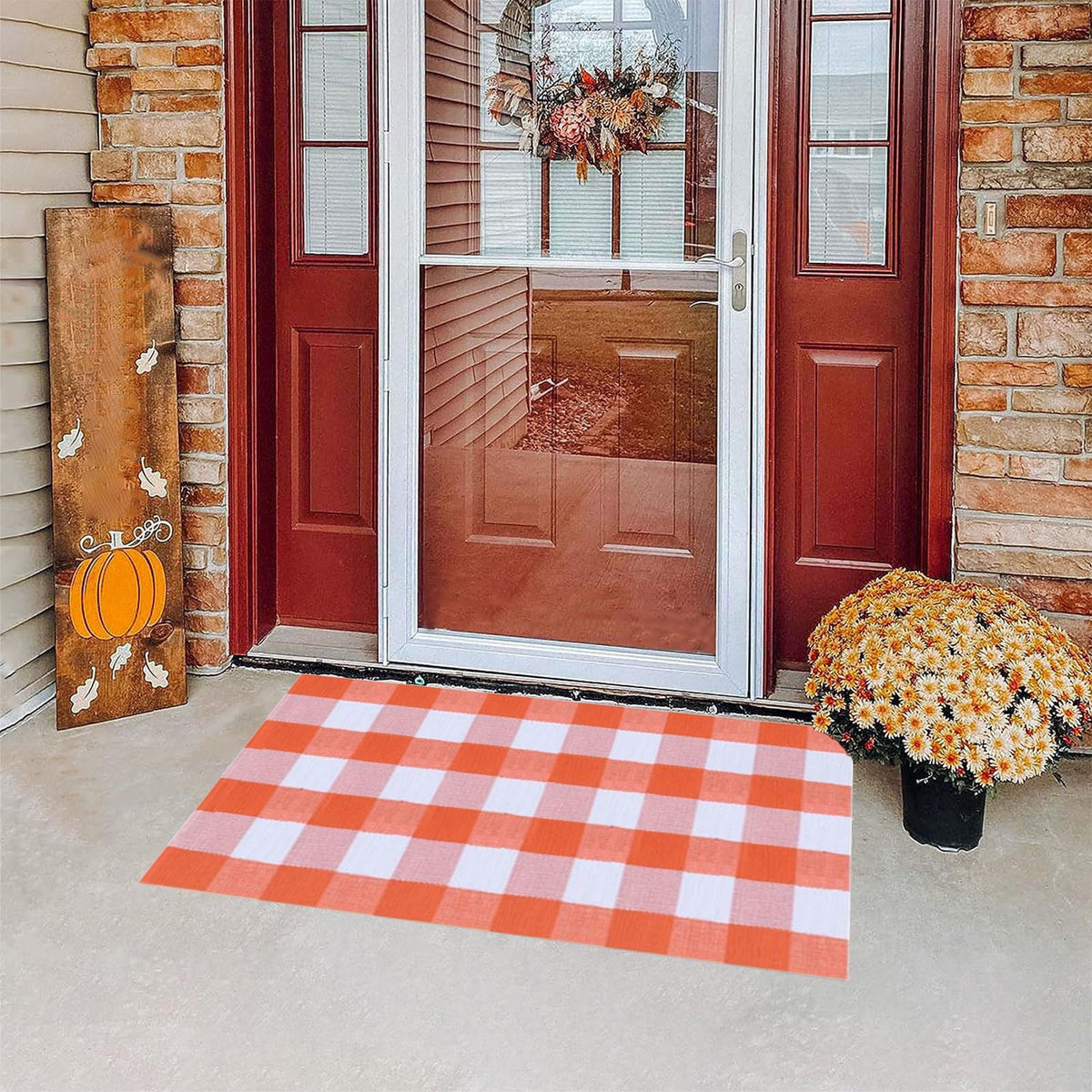 Fall Plaid Mat, 16*24" Autumn Front Door Decor Mat, Cotton Washable Hand-Woven Door Mat for Layered Doormat, Autumn Halloween Thanksgiving Carpet for Porch, Entryway