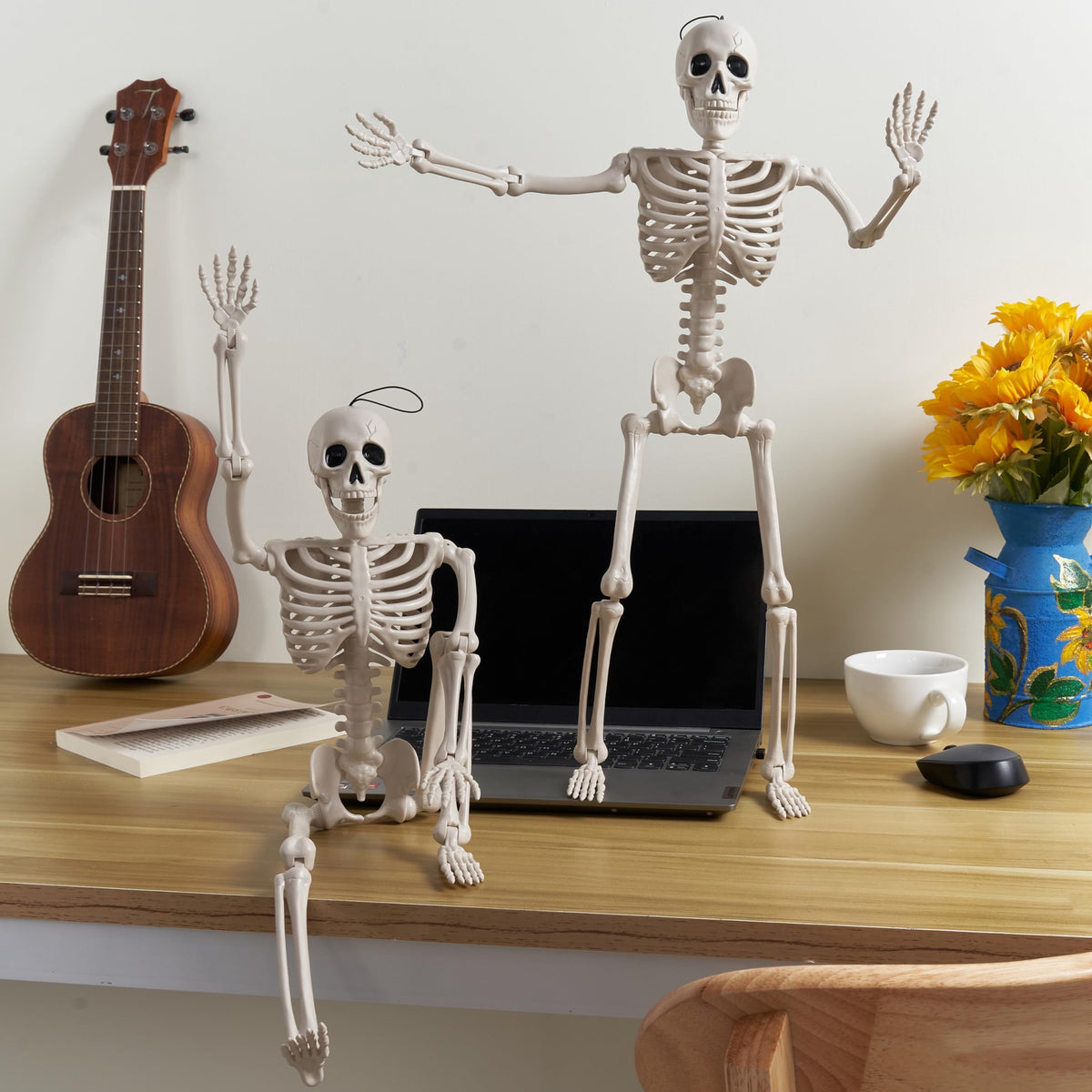 Joyfy 2 Pcs 24 Inch Halloween Skeleton Decor,2 FT Posable Skeleton Halloween Prop for Haunted House Indoor Outdoor Decoration Spooky Decor,Full Body with Movable Joints for Halloween Decoration