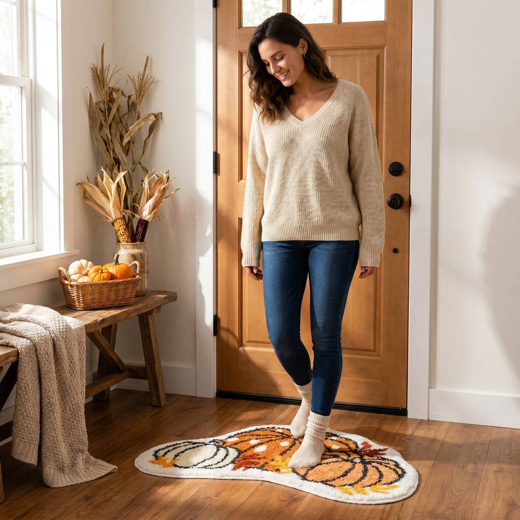 Fall Area Rug Maple Leaf Pumpkin Imitation Wool Mat 27.56x27.56in Polyester Skidproof & Soft for Living Room Bedroom Entryway Fall Doormat by MPOISVA
