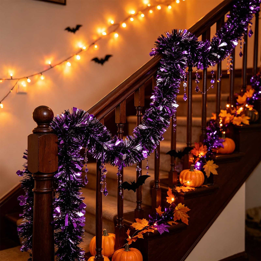 CuiLiyq Halloween Tinsel Garland, 78.7 Inch Black Purple Silver Foil with Bats and Ghosts, Party Decor for Mantel, Staircase, Doorway