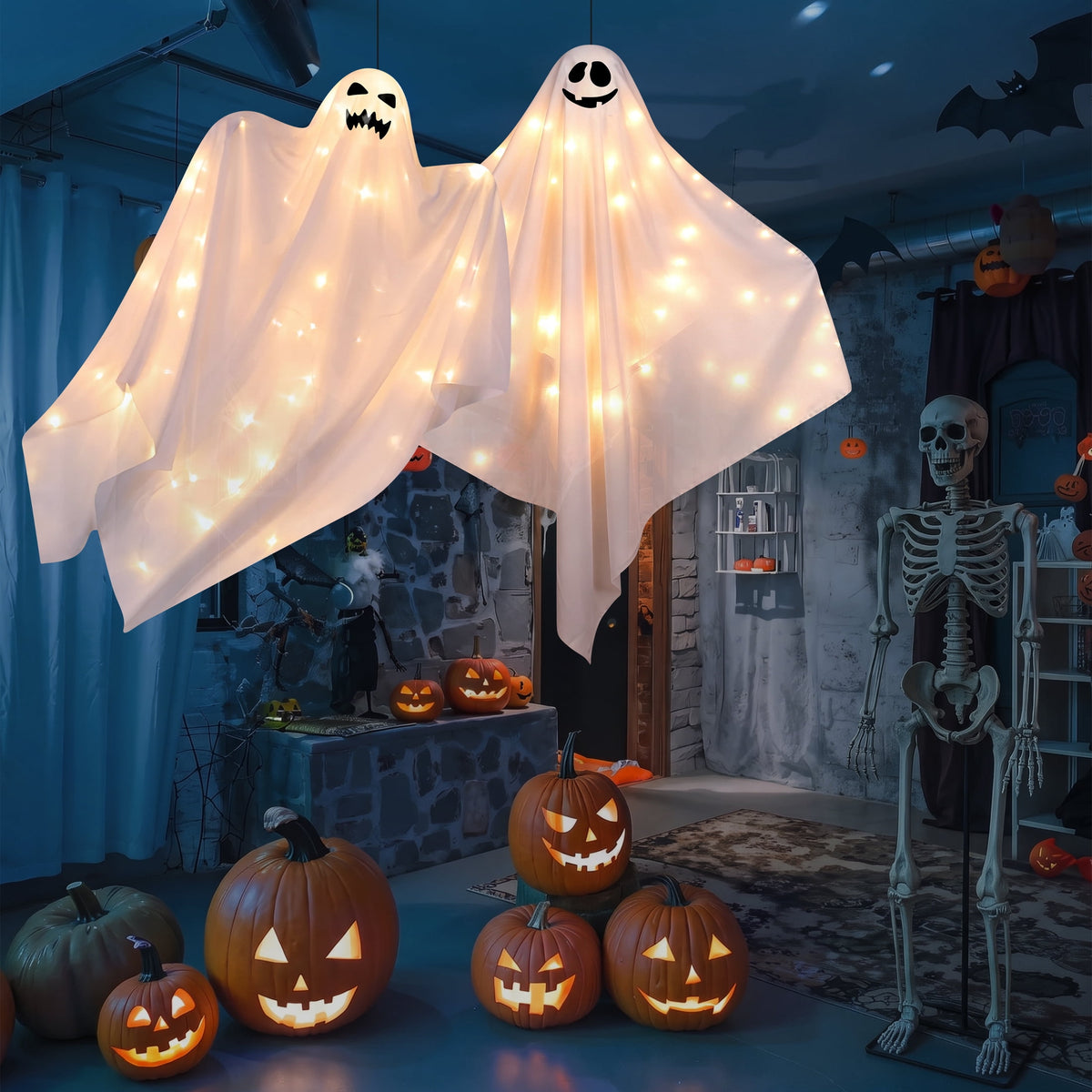 Scidweet Halloween Ghost Decor, 2 Pack 48" Light up Hanging Halloween Ghosts Blue LED Light Yard Garden Porch Outdoor Decorations