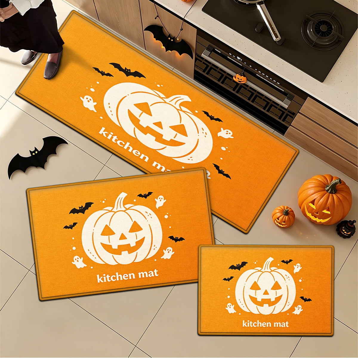 YIMEIS Halloween Orange Ghost Pumpkin Black Cat 1Pc Flannel Mat & Kitchen Rugs,Soft Non-slip,16''×24'' Inches,for Entryway Bathroom