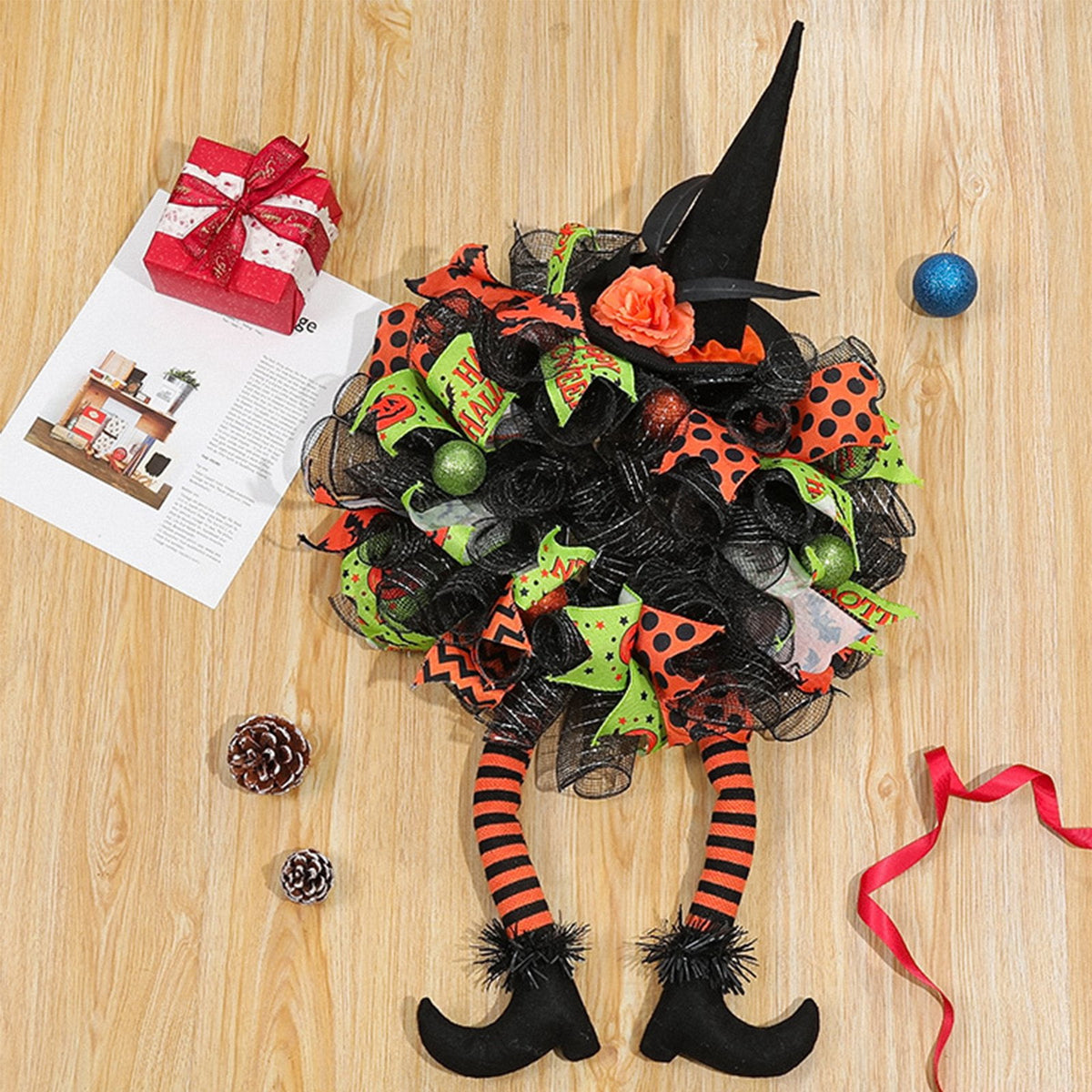 Halloween Wreaths, Halloween Decorations Witch Hat and Legs Wreath, Front Door Wall Light up Wreath Ornaments Holiday Party Halloween Thanksgiving Decor