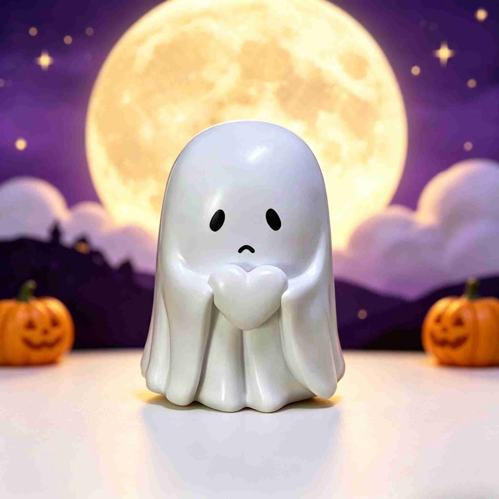 Halloween Ghost Figurine, Ghost Girl with Pink Bow & Hot Drink, Funny Ghost Statue Halloween Decor for Gift, Cute Spooky Tabletop Ornament for Home, Mantle, Desk & Party Decoration