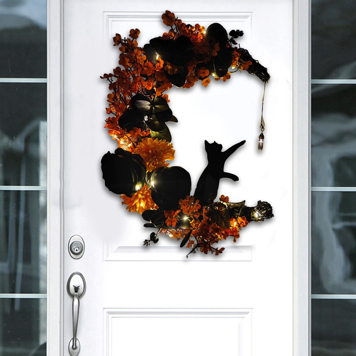 Halloween Moon & Cat Wreath with Lights - Gothic Black Branch Wreath for Front Door, Indoor/Outdoor Spooky Decor with LED Illumination
