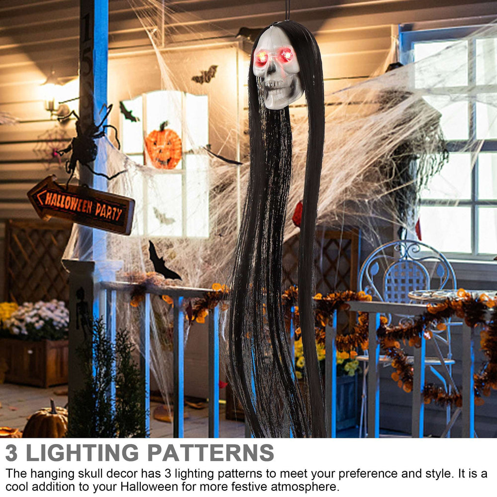 Deago 2 Pack Halloween Hanging Skeleton Ghost Decorations - 20" Led Light Up Red Eyes Hanging Grim Reapers with Hair for Halloween Indoor Outdoor Decoration