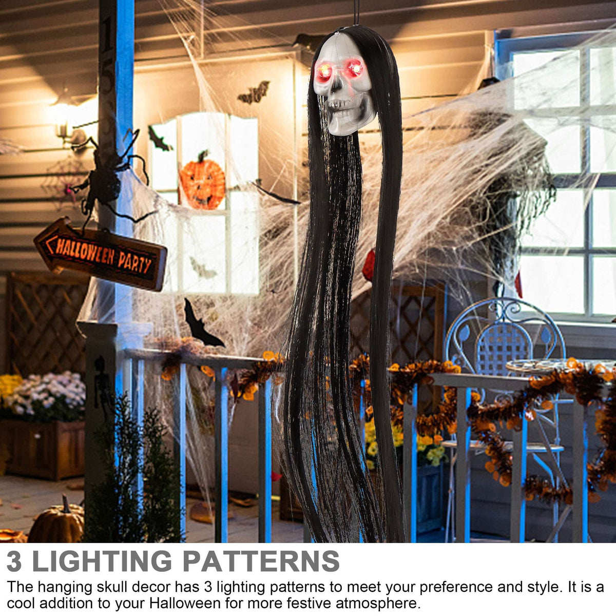 Deago 2 Pack Halloween Hanging Skeleton Ghost Decorations - 20" Led Light Up Red Eyes Hanging Grim Reapers with Hair for Halloween Indoor Outdoor Decoration