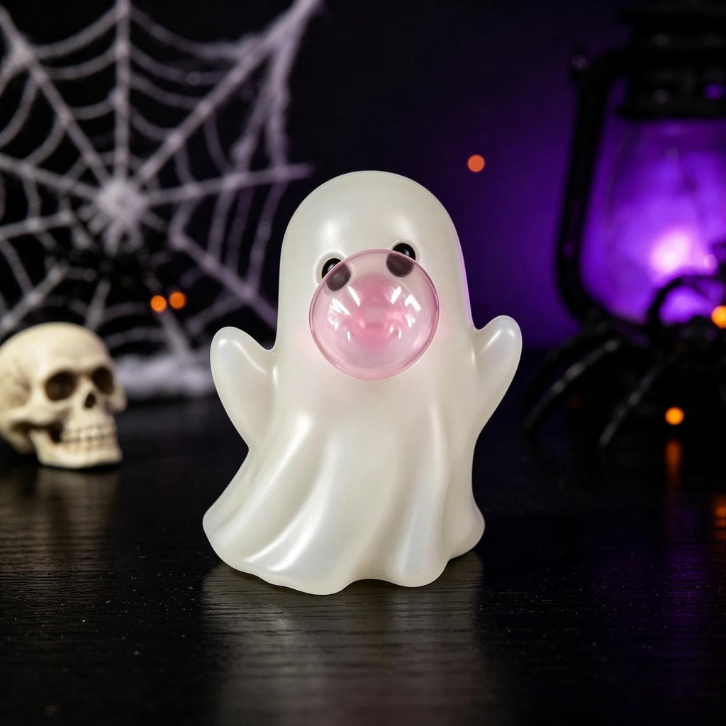 Halloween Ghost Figurine, Ghost Girl with Pink Bow & Hot Drink, Funny Ghost Statue Halloween Decor for Gift, Cute Spooky Tabletop Ornament for Home, Mantle, Desk & Party Decoration