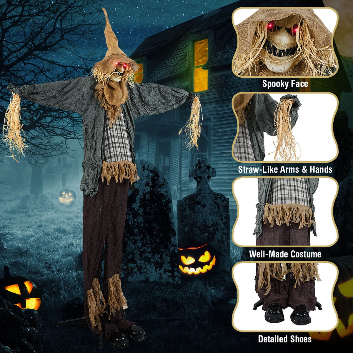 Costway 7 FT Halloween Decoration Animated Standing Scarecrow Light-up Eyes Poseable Arm