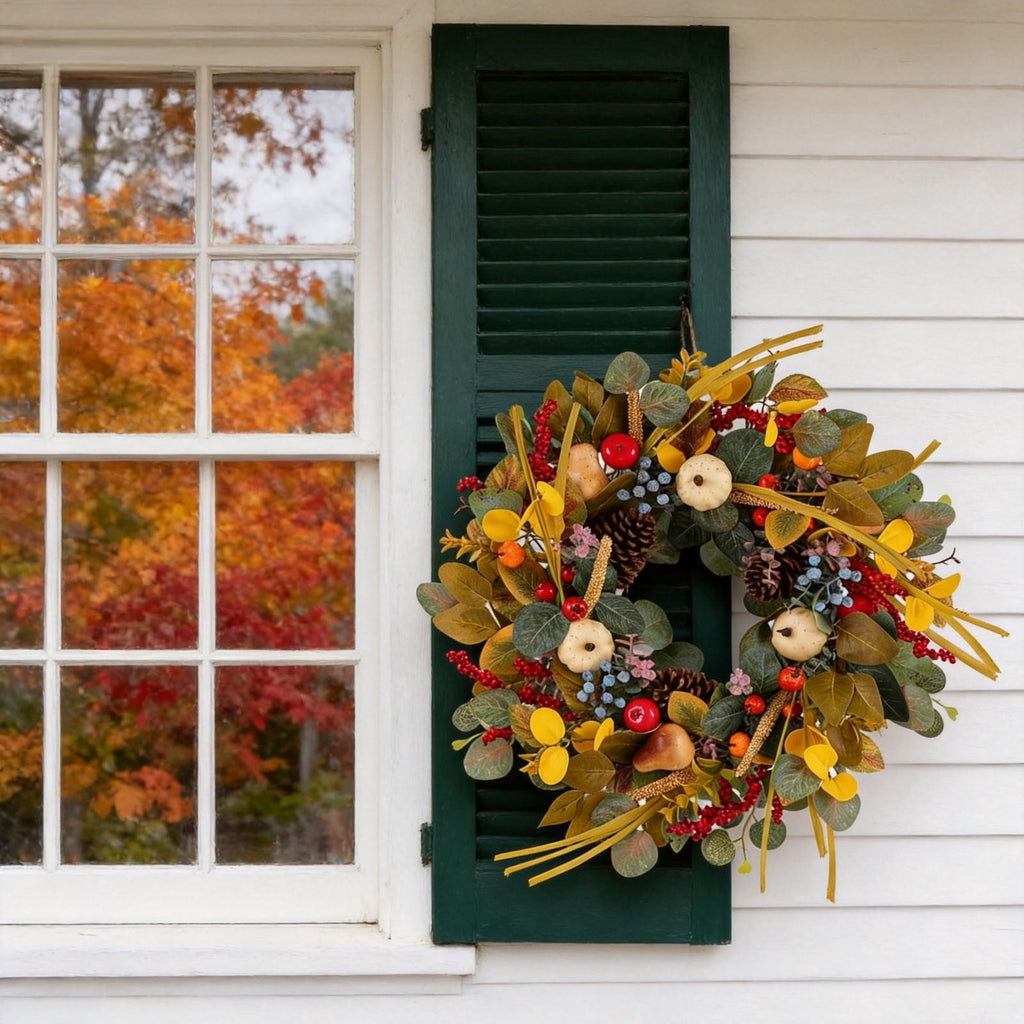 ICQOVD Halloween Pumpkin Maple Leaf Wreath with Skeleton Ornament Orange Black Bow Front Door Hanging Fall Home Decoration 15.75*15.75*3.15IN