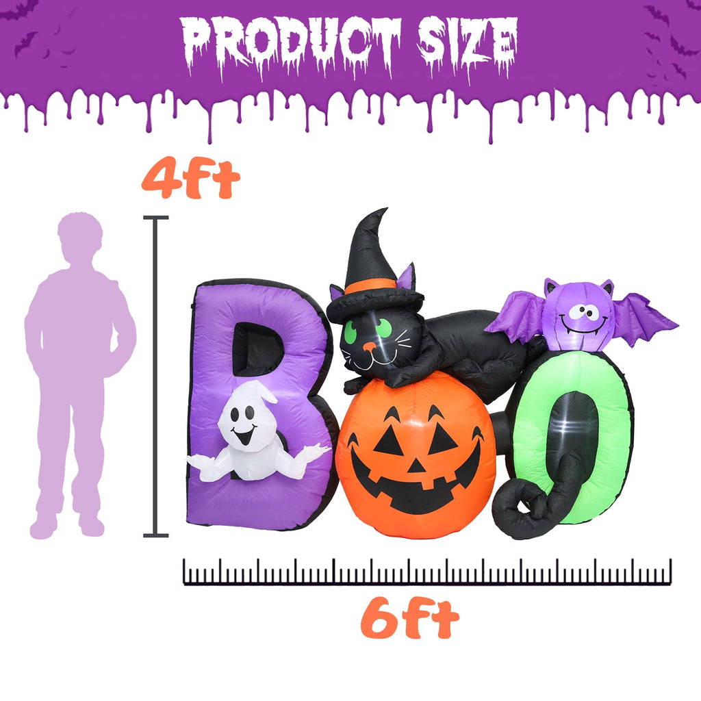 MUMTOP 6 FT Long Halloween Inflatables Outdoor Decorations, Pumpkin Inflatable with Lighted Ghost, Black Cat and Bat, Blow Up Decoration for Halloween Party, Yard, Garden, Lawn