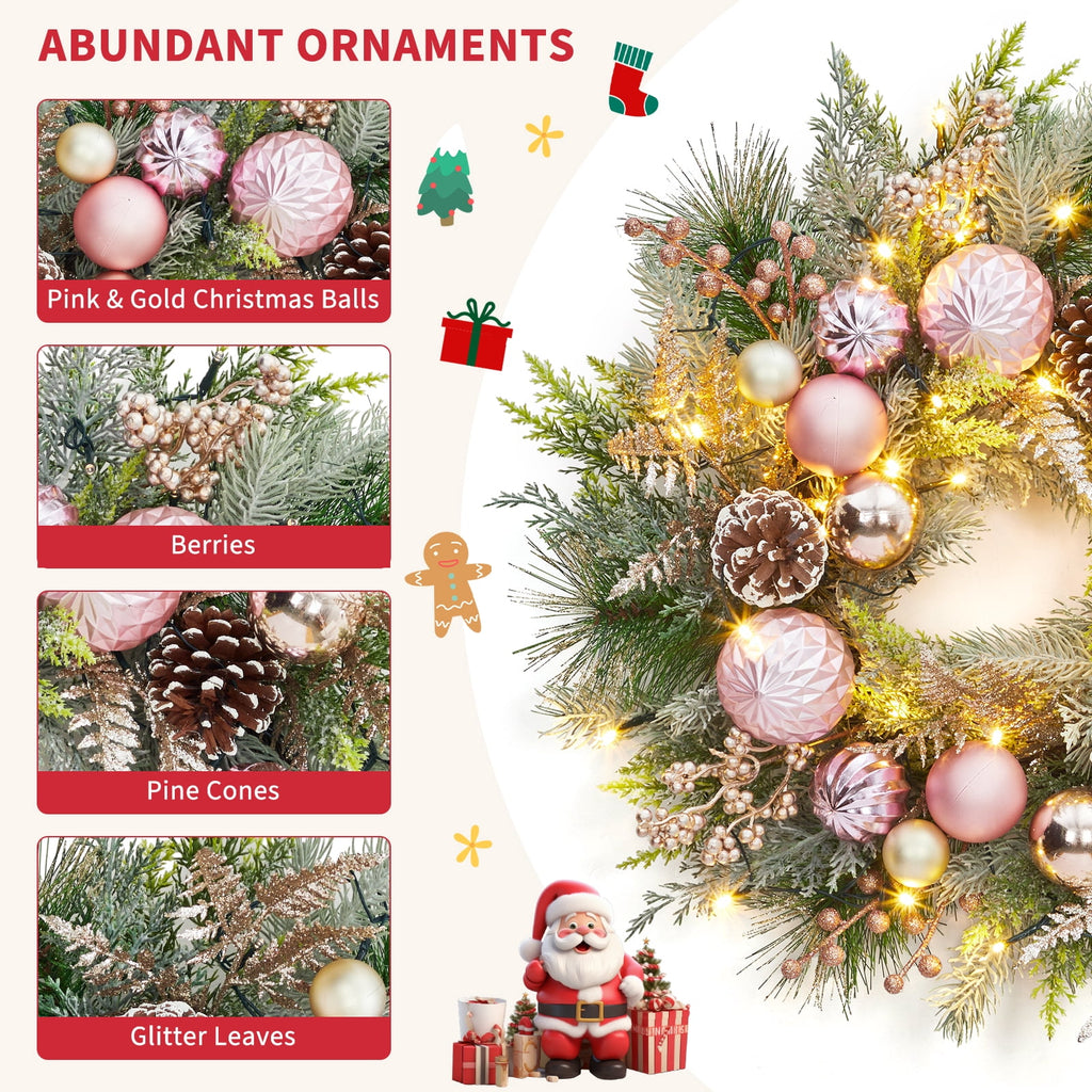 JoanKaren 24 inch Large Christmas Wreath Silver White with 20 LED Lights,Prelit Xmas Wreath w/ Ball Ornaments Pine Cone