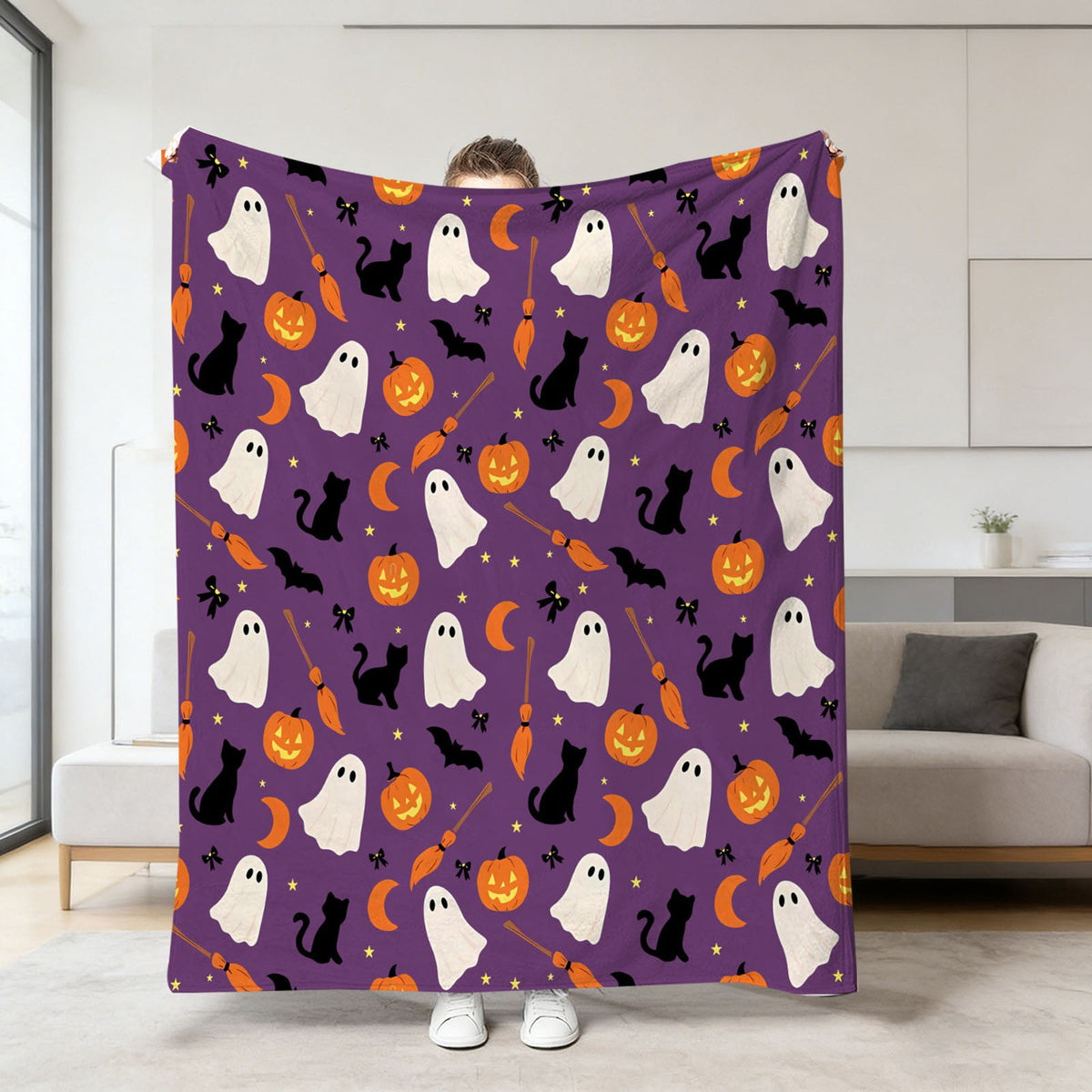 Halloween blanket,Halloween Print Throw Blanket Flannel Soft Cozy Decorative Nap Blanket with Ghost Pumpkin Skull for Office Bedroom Sofa Camping Travel(100x150cm/39x59 Inch),Black