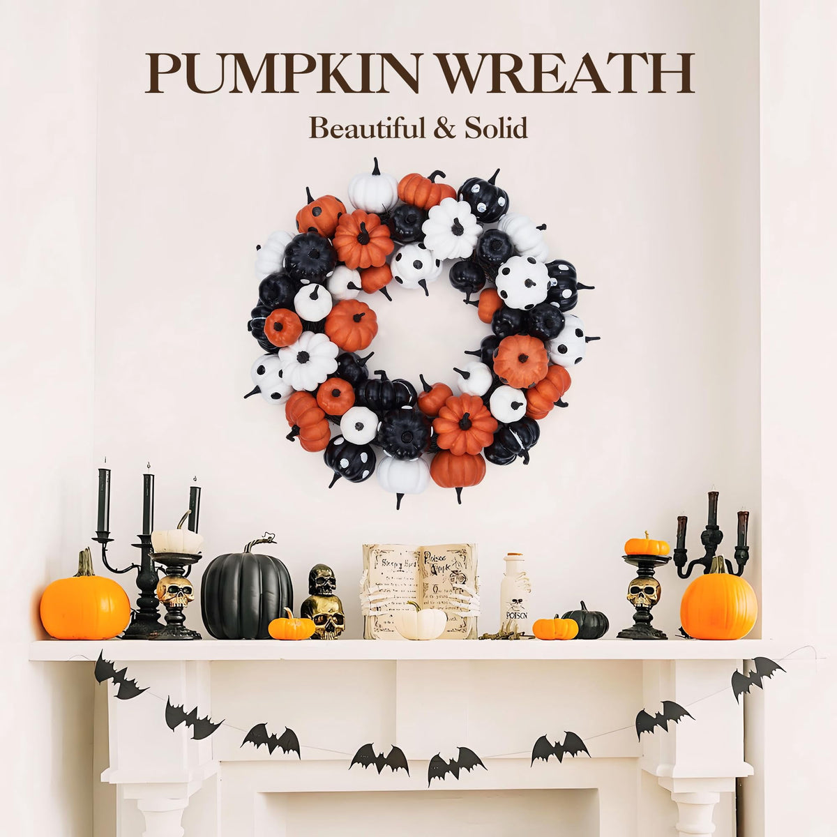 Halloween Pumpkin Wreath, 18 Inch Fall Wreath for Front Door with Orange, Black and White Pumpkins, Rattan Bottom Thanksgiving Indoor Outdoor Home Party Decor