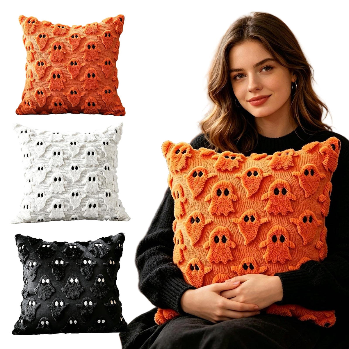 Decorative Pillow Orange Ghost Plush Throw Pillow Cover 18X18 Inch Halloween Home Decor for Couch Bedroom Holiday Decor