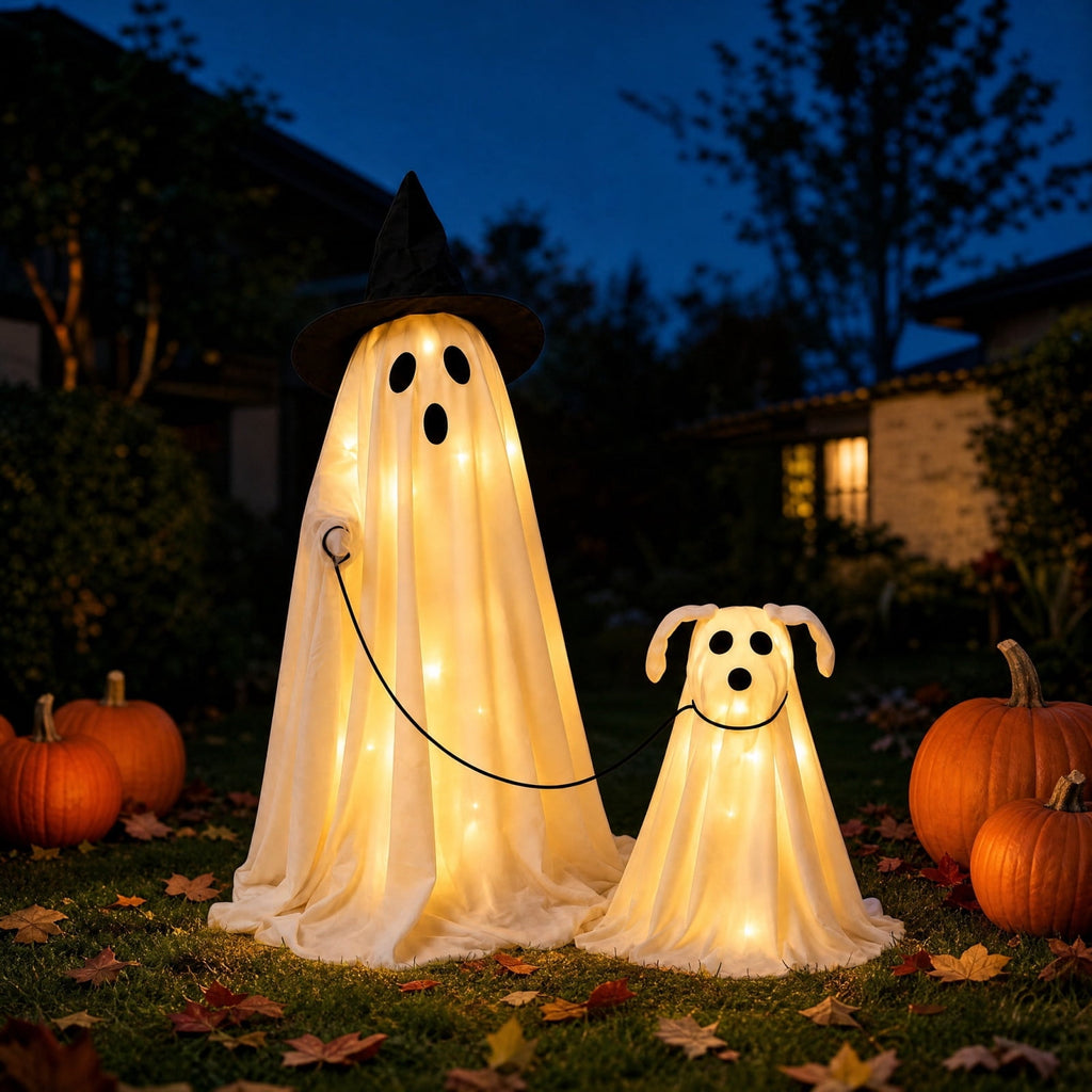 Lighted Halloween Ghost Candy Bowl, Cute LED Ghost Holding Pumpkin Candy Bucket for Trick or Treat, Outdoor Halloween Decorations for Front Porch, Indoor Yard Patio Halloween Decor